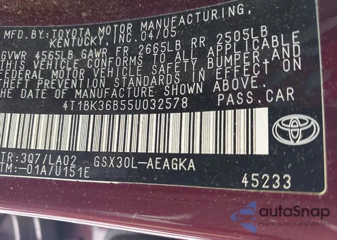 2005 Toyota Avalon Xls z USA, uszkodzony, nr VIN 4T1BK36B55U032578